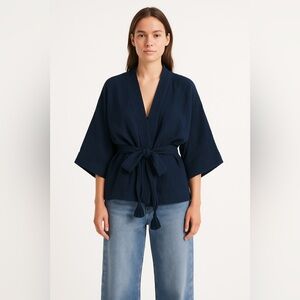 Free People Navy Blue Embroidered Kimono Belted Top S